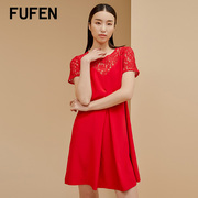 fufen福芬连衣裙新夏甜美短袖，真丝大红短款蕾丝裙子ly-11748
