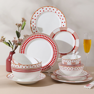 新年红色高档骨瓷餐具组合套装家用盘子饭碗高级感轻奢陶瓷碗筷盘