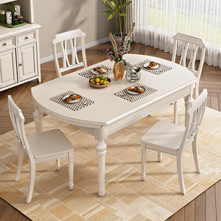 美式白色餐桌可伸缩折叠家用可变圆桌乡村，复古全实木餐桌椅组合