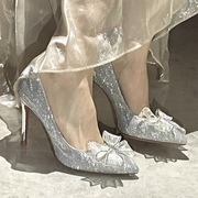 法式水晶鞋2024春秋银色，婚鞋水钻蝴蝶结尖头，高跟鞋女细跟单鞋