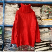 复古红色粗线毛衣外套女秋冬中长款长袖，针织套头超喜庆上衣高领衫