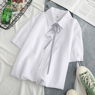 白色短袖衬衫女系带纯棉2021夏季韩版宽松百搭女士半袖衬衣