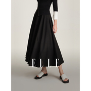 ELLE黑色设计感镂空高腰半身裙女2024春装小个子气质显瘦伞裙