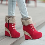 坡跟秋冬款松糕厚底高跟短靴女红色靴子绒面