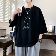 280g重磅猫咪黑色短袖T恤男夏季港风青少年潮牌潮流ins半截袖体恤