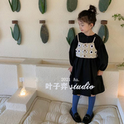 韩版儿童裙子秋冬女童洋气娃娃领蕾丝小马甲两件套黑色连衣裙