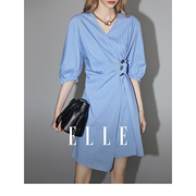 ELLE蓝色设计感条纹连衣裙女2024夏装女神范通勤显瘦气质裙子