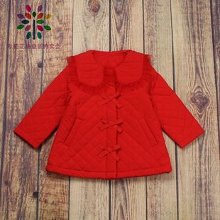 恰系列品牌童装折扣小中童女宝宝新年款，红色中长款淑女风棉衣