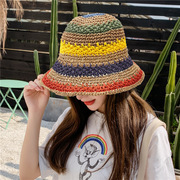 沙滩帽女2021年夏天波(夏天波)西米亚风勾针条纹草编，大沿檐帽子可折叠草帽