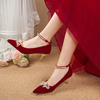 红色婚鞋女秀禾服两穿细高跟新娘鞋，2022年孕妇绑带中式礼服鞋
