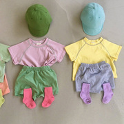 韩版男女宝宝短袖糖果色T恤宽松休闲套装婴幼儿洋气短裤两件套潮