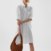 西班牙 女装 春夏宽松版型休闲风棉质五分袖衬衫式白色连衣裙