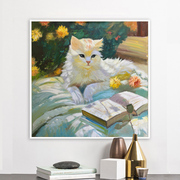 大芬村手绘油画挂画猫咪肖像现代装饰画客厅办公室招财猫画可定制