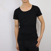 夏季韩版修身大圆领男士短袖，t恤纯棉，黑色低领紧身运动打底衫