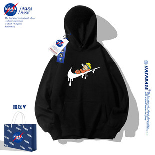 NASA联名黑色潮牌连帽卫衣男秋冬款2023美式宽松学生潮流外套