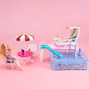 30厘米6分娃娃方形游泳池，迷你沙滩椅仿真太阳伞，儿童戏水洗澡玩具