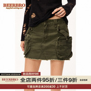 BeerBro 美式辣妹做旧工装半身裙低腰水洗毛边立体口袋短裙子潮