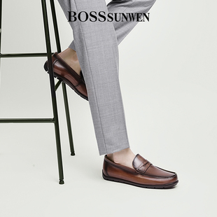 BOSSsunwen商务休闲套脚皮鞋男士耐磨一脚蹬轻便简约乐福鞋牛皮鞋
