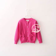 春秋1-2岁宝宝毛衣开衫，女童蝴蝶结针织衫口袋外套，纯棉红色线衣