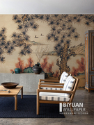 新中式山水画影视墙壁纸客厅无纺布墙纸复古餐厅卧室墙布定制壁画