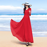 拖地长裙2024夏季红色，雪纺长袖大摆显瘦连衣裙长款到脚踝超长