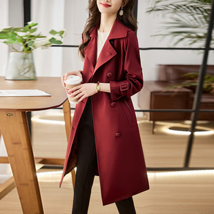 名牌高端品质酒红色风衣外套，女春季西装，领洋气中长款时髦大衣