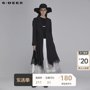 sdeer圣迪奥风衣女装，长款蕾丝拼接收腰，黑色中长款风衣s20181808