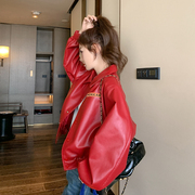 红色法式pu皮衣外套女春秋高级设计感港风，复古chic机车飞行员夹克