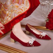 秀禾服婚鞋2022年酒红色水钻高跟鞋女结婚粗跟新娘鞋婚纱单鞋