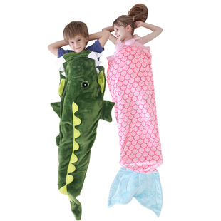法兰绒美人鱼睡袋卡通儿童睡袋鲨鱼夜光裹毯空调毯宝宝防踢被