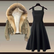 大码女冬装职业套装，胖mm显瘦遮肉加绒大毛领棉衣外套连衣裙两件套