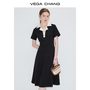 VEGA CHANG黑色连衣裙女2024年夏季设计感撞色POLO领复古裙子