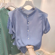蓝色条纹衬衫女短袖，夏季薄款2024年设计感小众荷叶边衬衣上衣