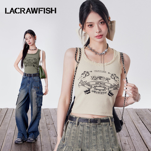 lacrawfish美式复古印花蕾丝，花边小背心短款弹力，修身辣妹上衣女
