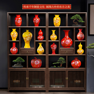 高档景德镇中国红陶瓷花瓶家居客厅电视柜装饰品小摆件新中式插花