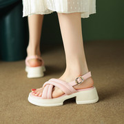 夏季舒适圆头松糕厚底中跟凉鞋女粉红色米白色粗跟真皮鞋 MT