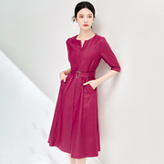 2024夏季名媛气质优雅女人，收腰遮肉轻奢连衣裙子红色短袖长裙