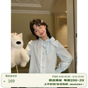 姜姜姜酱jiangjam条纹衬衫，女春季蝴蝶结刺绣，花边泡泡袖衬衣