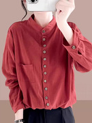 红色纯棉长袖衬衫女2024春季小立领大码遮肉显瘦衬衣减龄上衣