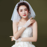韩式简约婚纱礼服手套，新娘短款蕾丝绑带白色，演出亮片红色手套