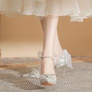 银色婚鞋高跟鞋细跟法式气质，敬酒礼服鞋，小众高级感时尚亮片新娘鞋
