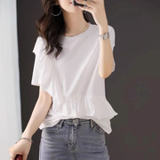 韩国荷叶边短袖T恤女夏季2024气质显瘦拼接不对称上衣设计感