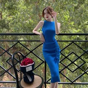 高级感法式蓝色无袖针织背心，连衣裙女夏季气质，优雅修身性感包臀裙