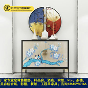 新中式古典山水画鞋柜纯手工风景画储物柜，玄关柜铁艺框架彩绘鞋柜