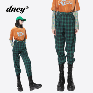 DNCY商场同款秋季绿色格子哈伦裤设计感高腰复古宽松休闲裤女