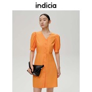 indicia纯棉橘色v领短袖连衣裙，女裙子2023夏季商场同款标记女装