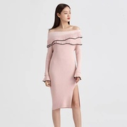 粉色双层波浪领连衣裙19026