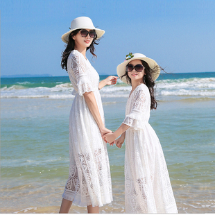 高端气质蕾丝母女装连衣裙洋气夏季海边度假亲子装沙滩装长裙