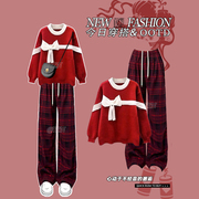 红色新年针织毛衣女(毛衣女，)冬季2023慵懒风设计感高腰直筒格子休闲裤