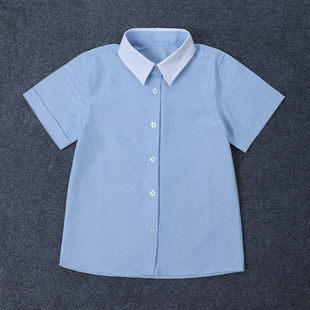 夏季童装校服短袖衬衫，浅蓝白领男童女童，牛津纺上衣中大童学生衬衣